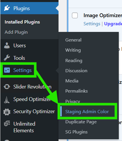 Image showing wordpress admin backed menu and how to access settings for the staging admin color plugin
